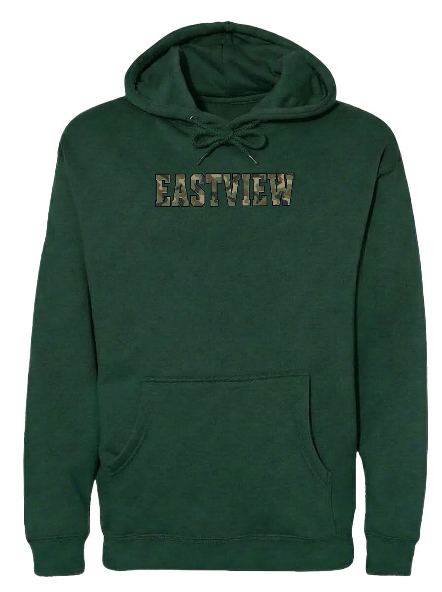 A dark green hoodie with the word "EASTVIEW" printed on it in a camouflage pattern.
