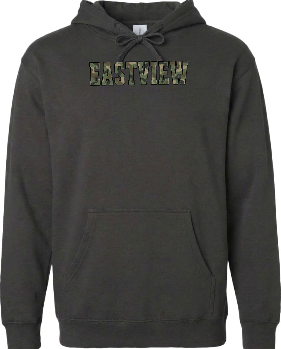 A black hoodie with the word "EASTVIEW" printed on it in a camouflage pattern.