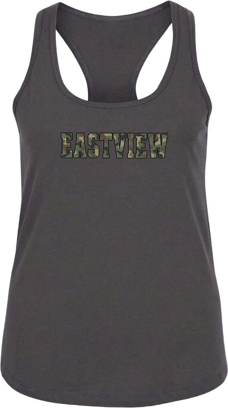 A gray tank top with the word "EASTVIEW" printed on it in a camouflage pattern.