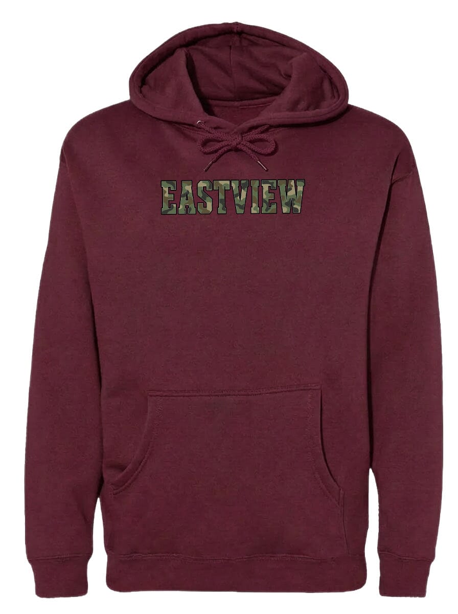 A burgundy-colored hooded sweatshirt with the word "EASTVIEW" printed on it in a camouflage pattern.