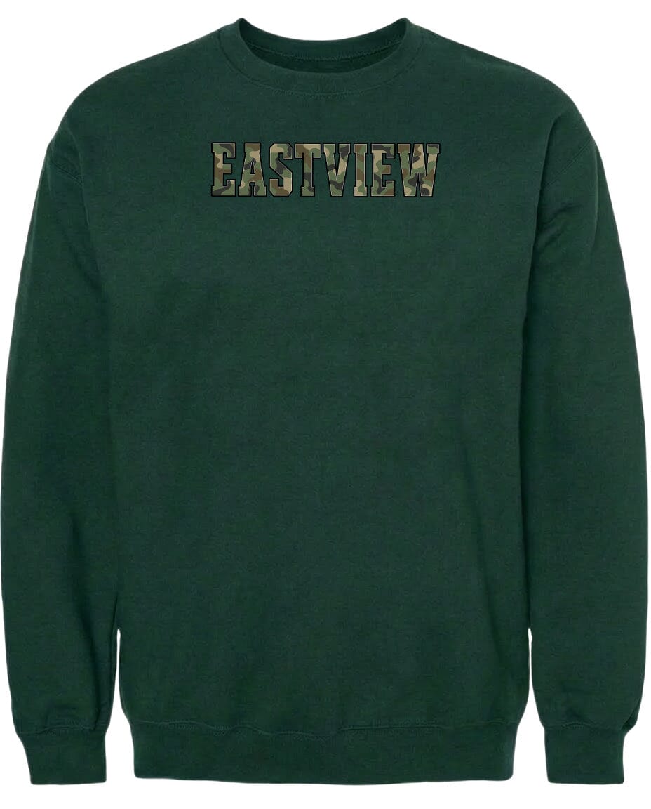 A dark green sweatshirt with the word "EASTVIEW" printed on it in a camouflage pattern.