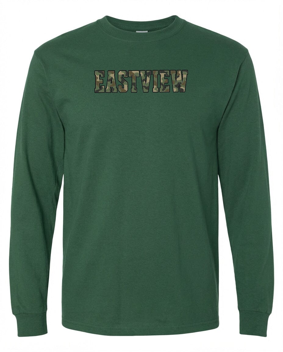 A green long-sleeved t-shirt with the word "EASTVIEW" printed on it in a camouflage pattern.