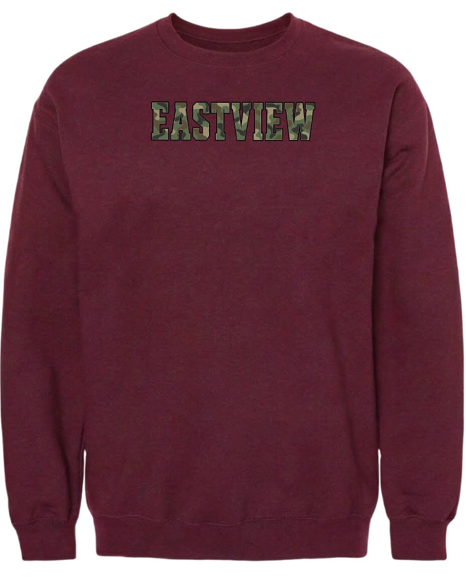 A burgundy-colored sweatshirt with the word "EASTVIEW" printed on it in a stylized font.