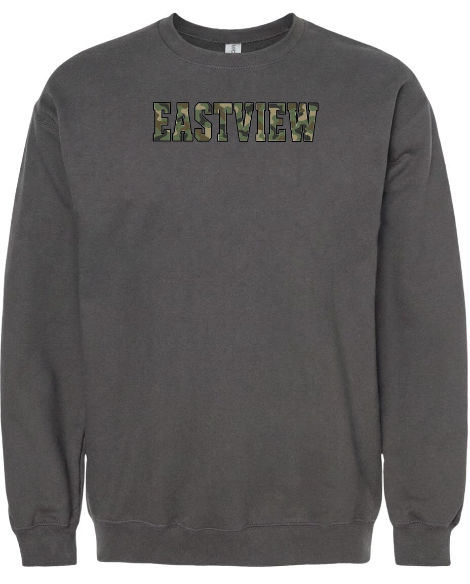 A gray sweatshirt with the word "EASTVIEW" printed on it in a camouflage pattern.