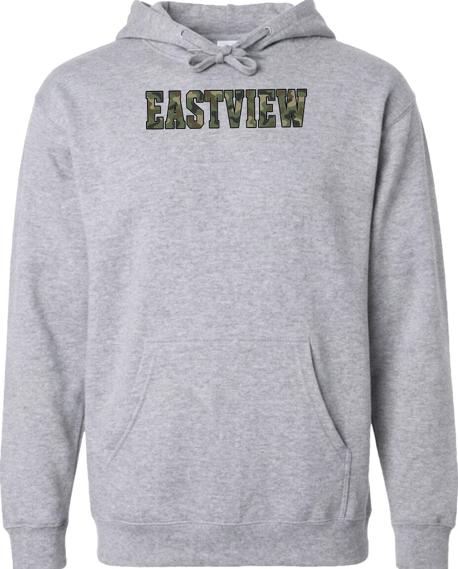 A grey hooded sweatshirt with the word "EASTVIEW" printed on it in a camouflage pattern.