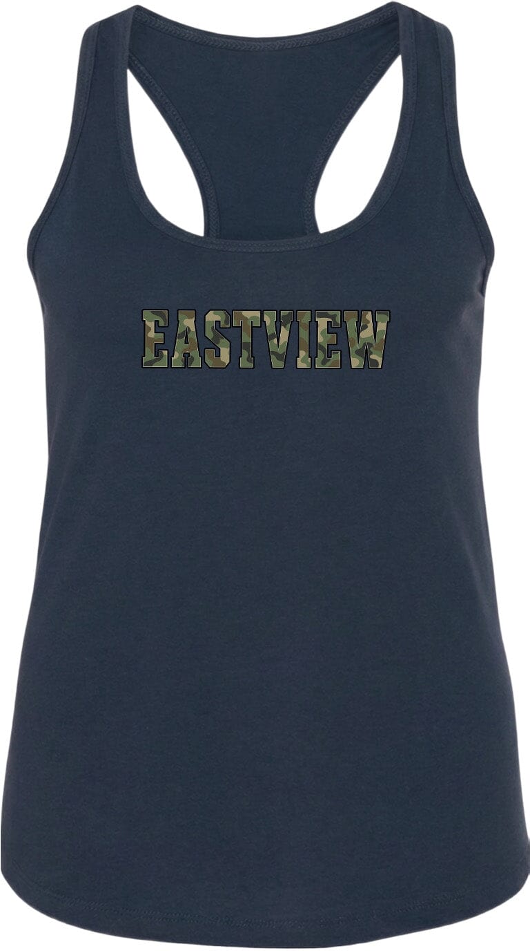 A navy blue tank top with the word "EASTVIEW" printed on it in a camouflage pattern.