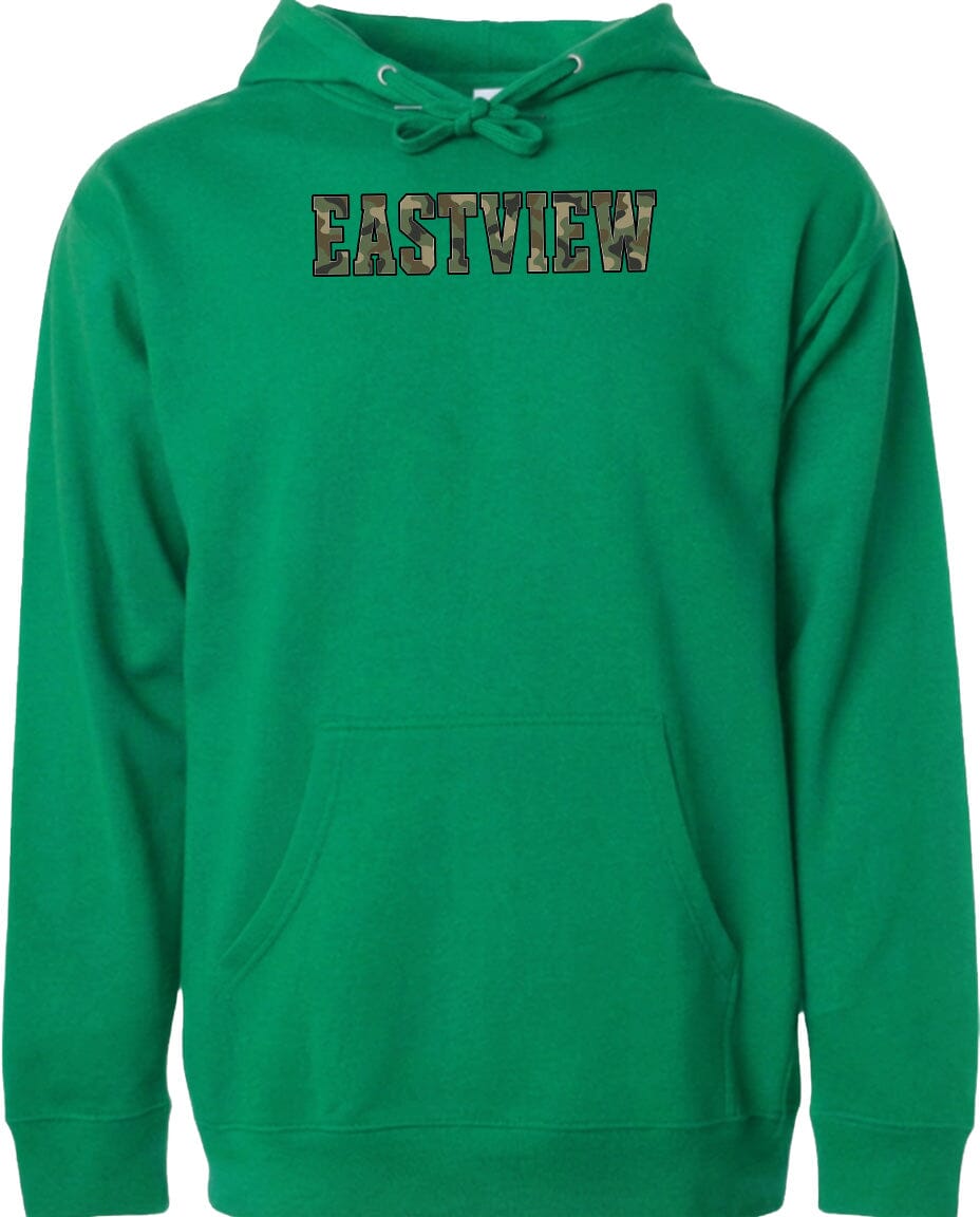 A bright green hoodie with the word "EASTVIEW" printed on it.