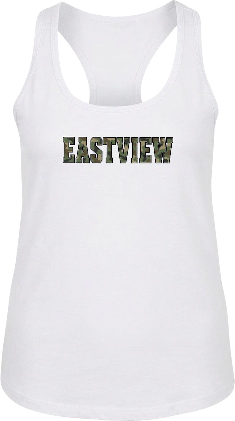 A white tank top with the word "EASTVIEW" printed on it in a camouflage pattern.