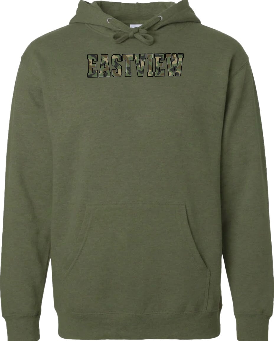 A green hoodie with the word "EASTVIEW" printed on it.