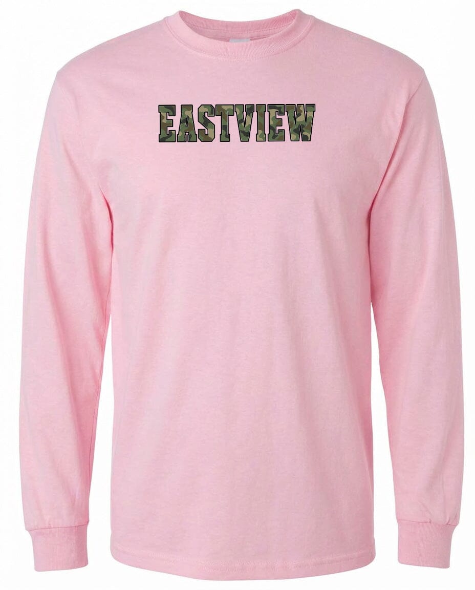 A pink long-sleeved t-shirt with the word "EASTVIEW" printed on it in a camouflage pattern.