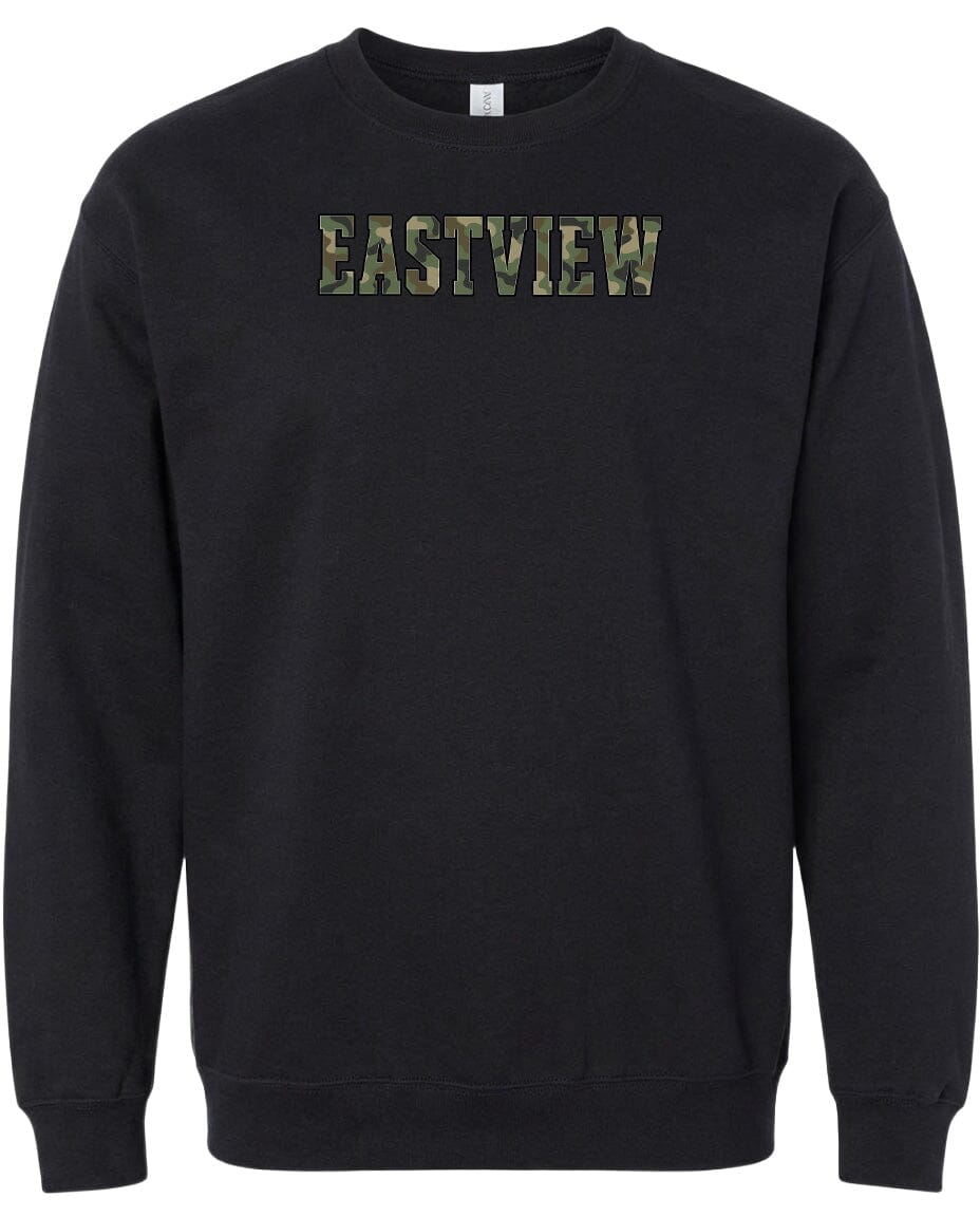 A black sweatshirt with the word "EASTVIEW" printed on it in a camouflage pattern.