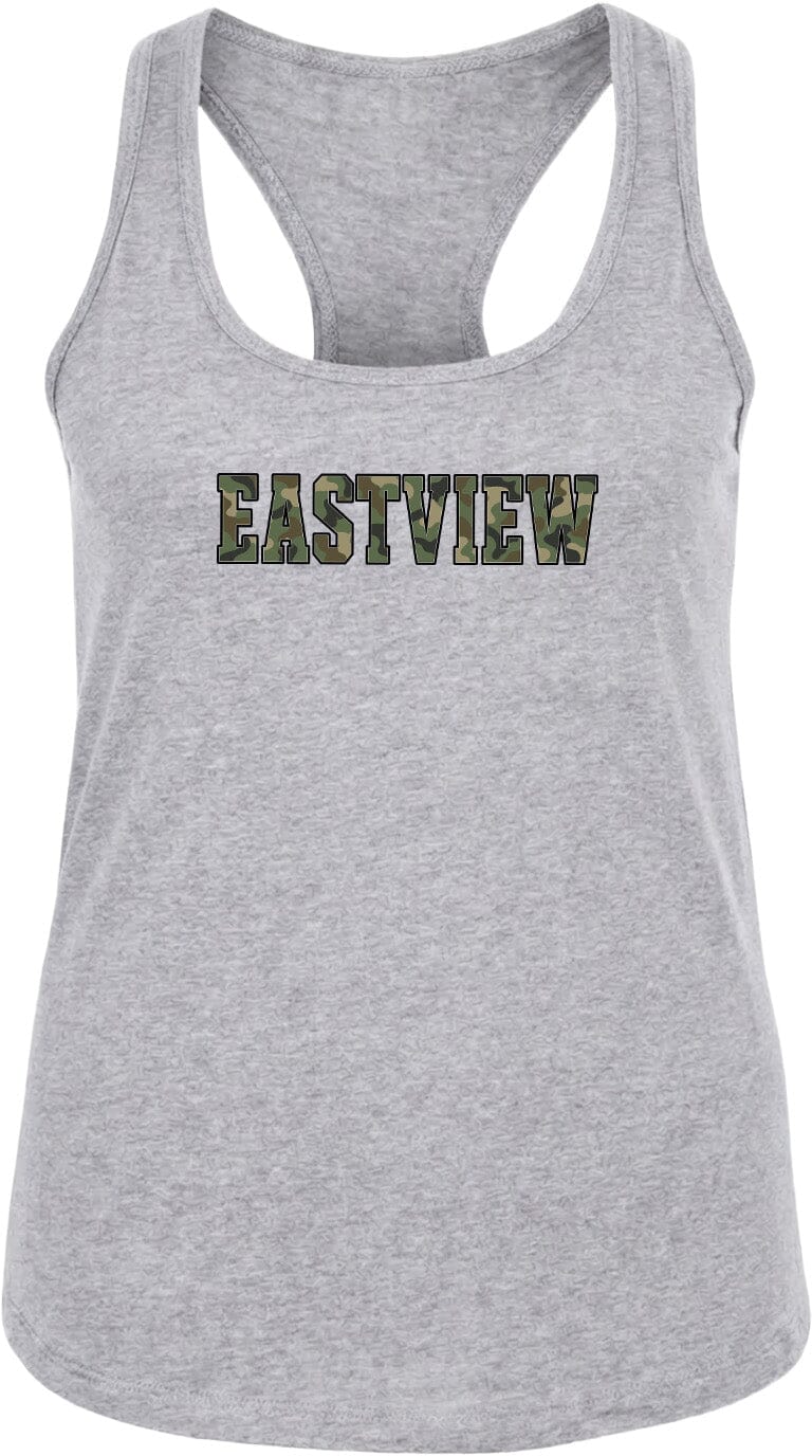 A gray tank top with the word "EASTVIEW" printed on it in a camouflage pattern.
