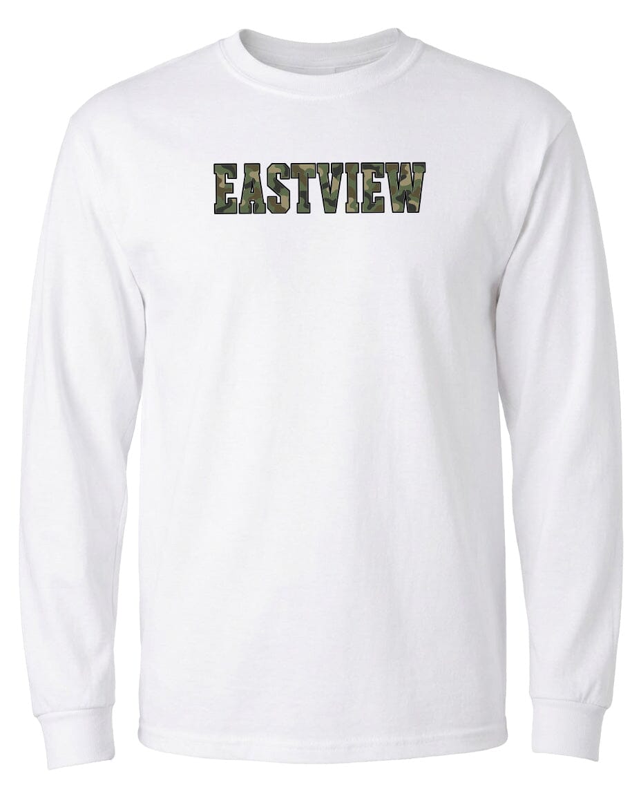 A white long-sleeved t-shirt with the word "EASTVIEW" printed on it in a camouflage pattern.