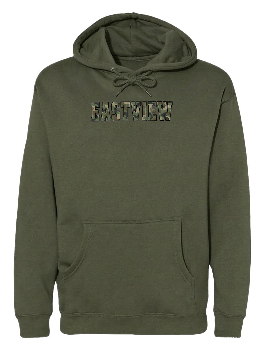 A green hoodie with the word "EASTVIEW" printed on it.