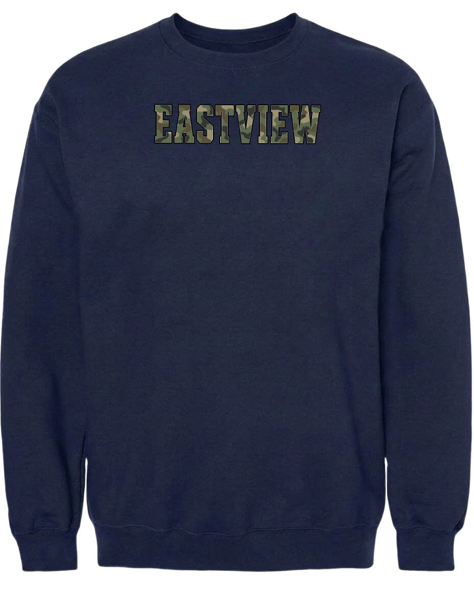 A navy blue sweatshirt with the word "EASTVIEW" printed on it in a camouflage pattern.