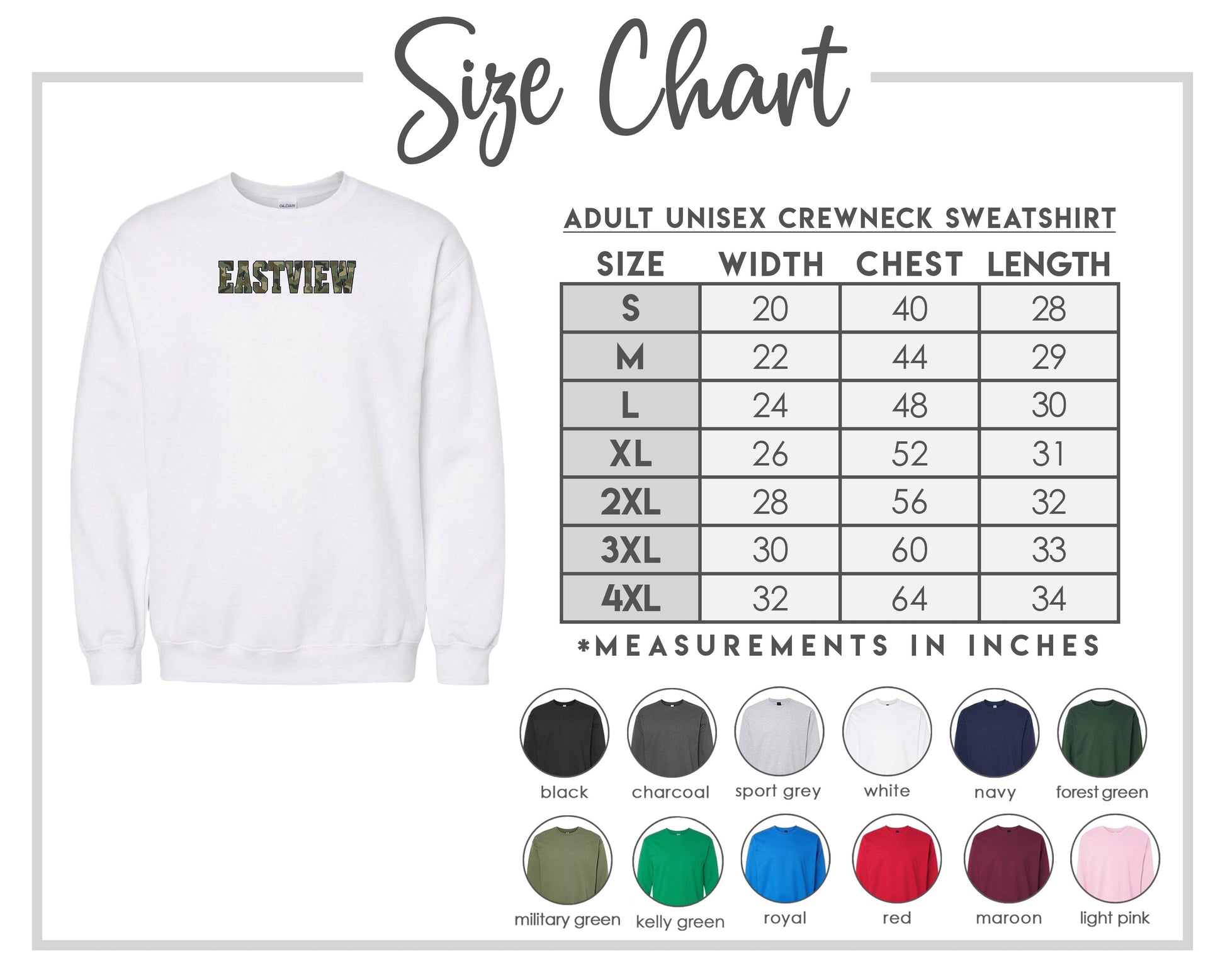 The image is a size chart for an adult unisex crewneck sweatshirt, showing the measurements for different chest and waist sizes.