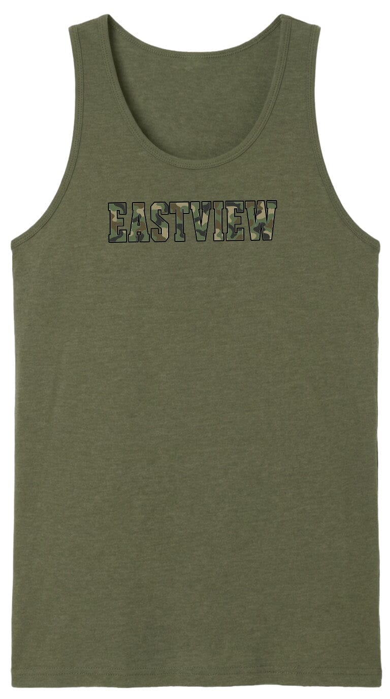 A green tank top with the word "EASTVIEW" printed on it in a camouflage pattern.