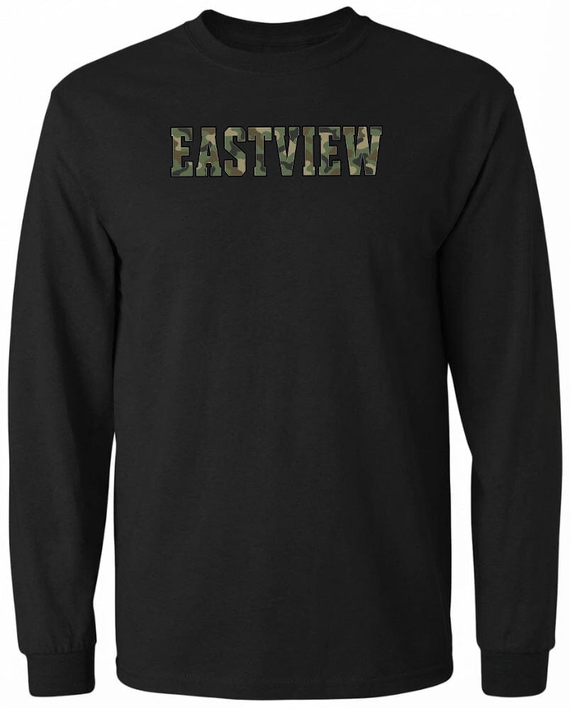 A black long-sleeved t-shirt with the word "EASTVIEW" printed on it in a camouflage pattern.