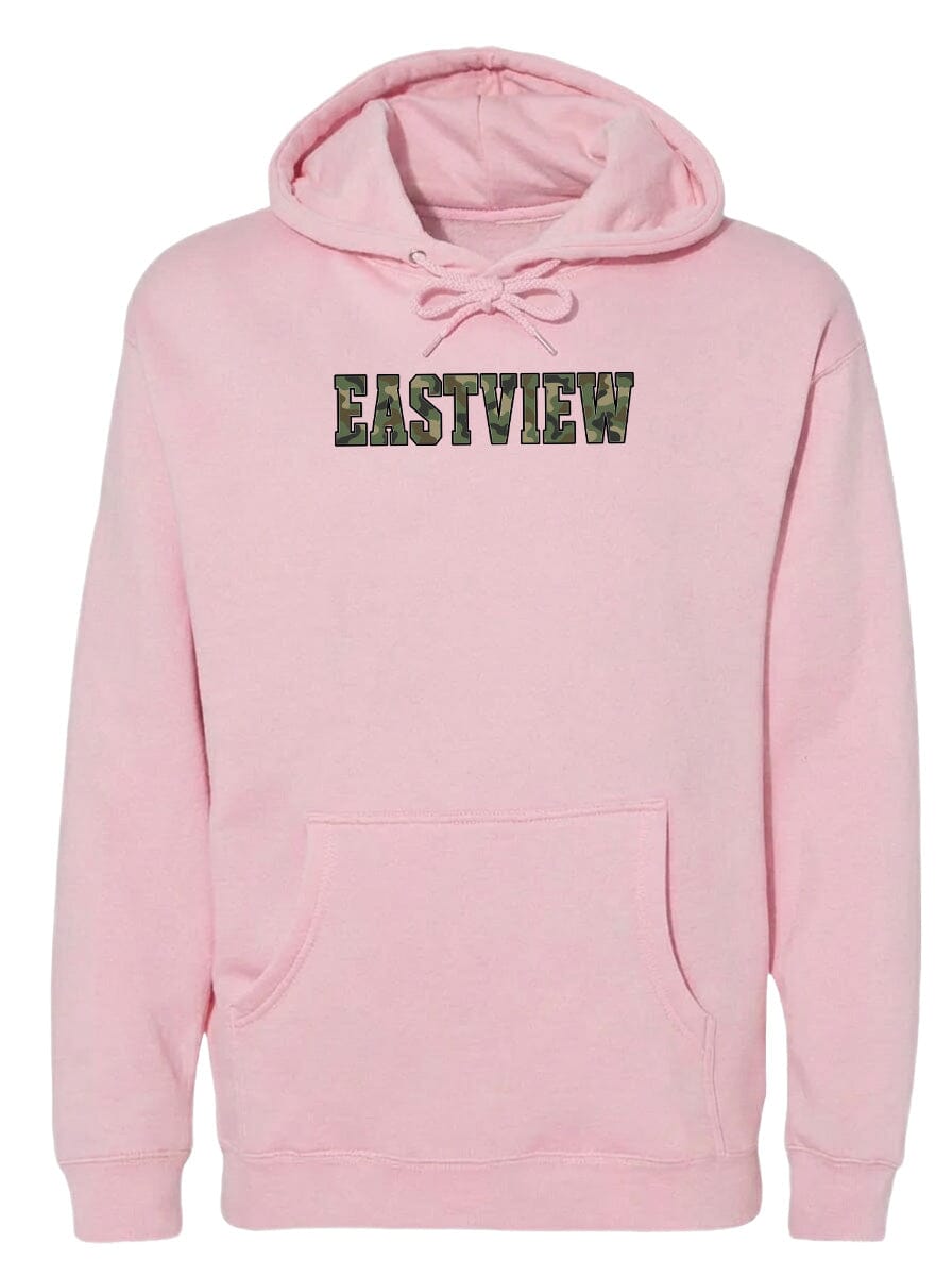 A pink hoodie with the word "EASTVIEW" printed on it.