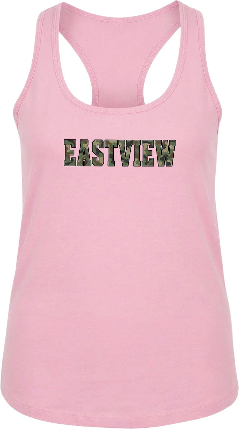 A pink tank top with the word "EASTVIEW" printed on it in a camouflage pattern.