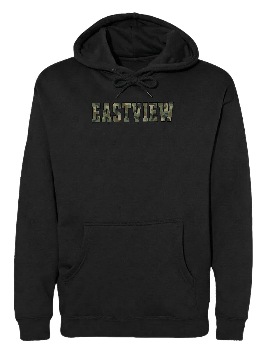 A black hooded sweatshirt with the word "EASTVIEW" printed on it in a camouflage pattern.