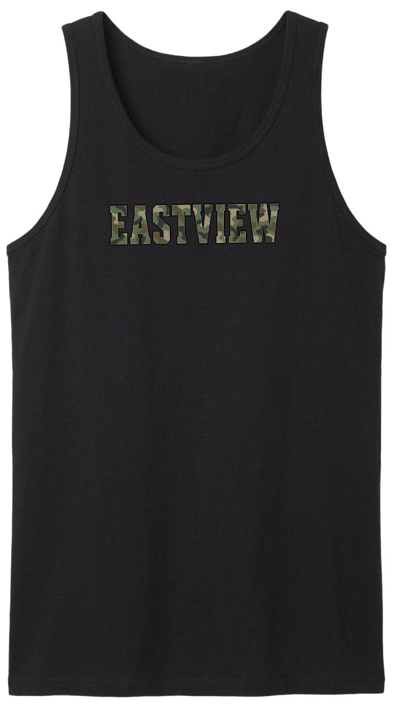 A black tank top with the word "EASTVIEW" printed on it in a camouflage pattern.