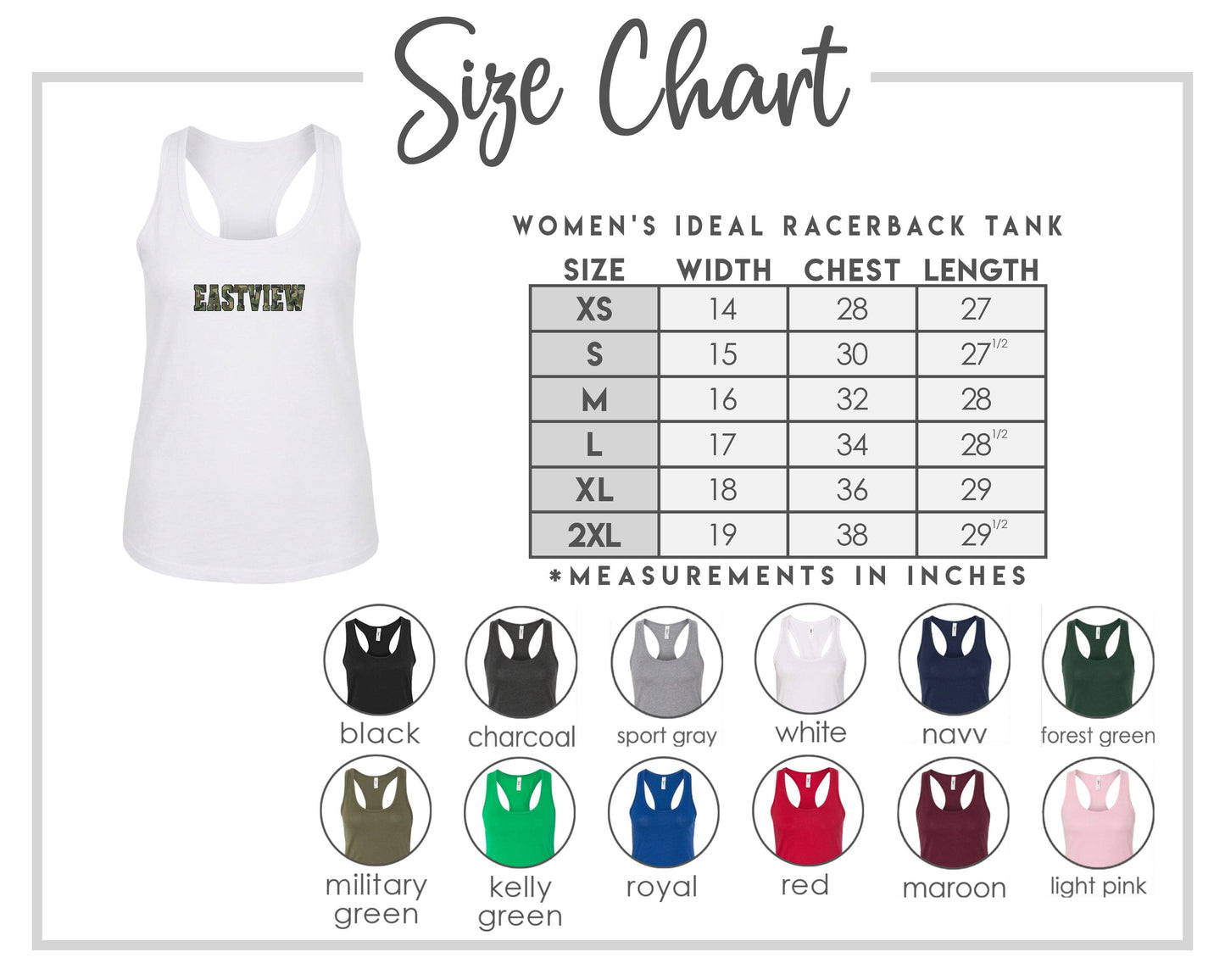 The image is a size chart for a women's ideal racerback tank, including various color options and corresponding chest length measurements in inches.