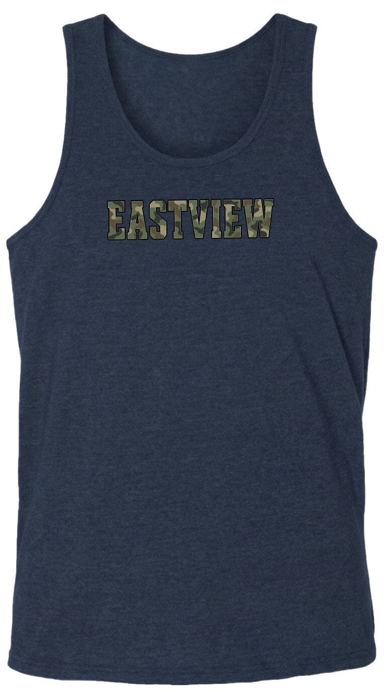 A navy blue tank top with the word "EASTVIEW" printed on it in a camouflage pattern.