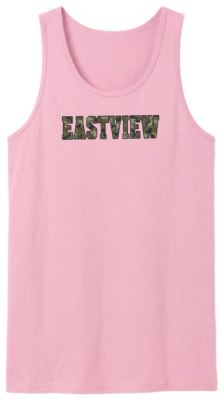 A pink tank top with the word "EASTVIEW" printed on it in a camouflage pattern.