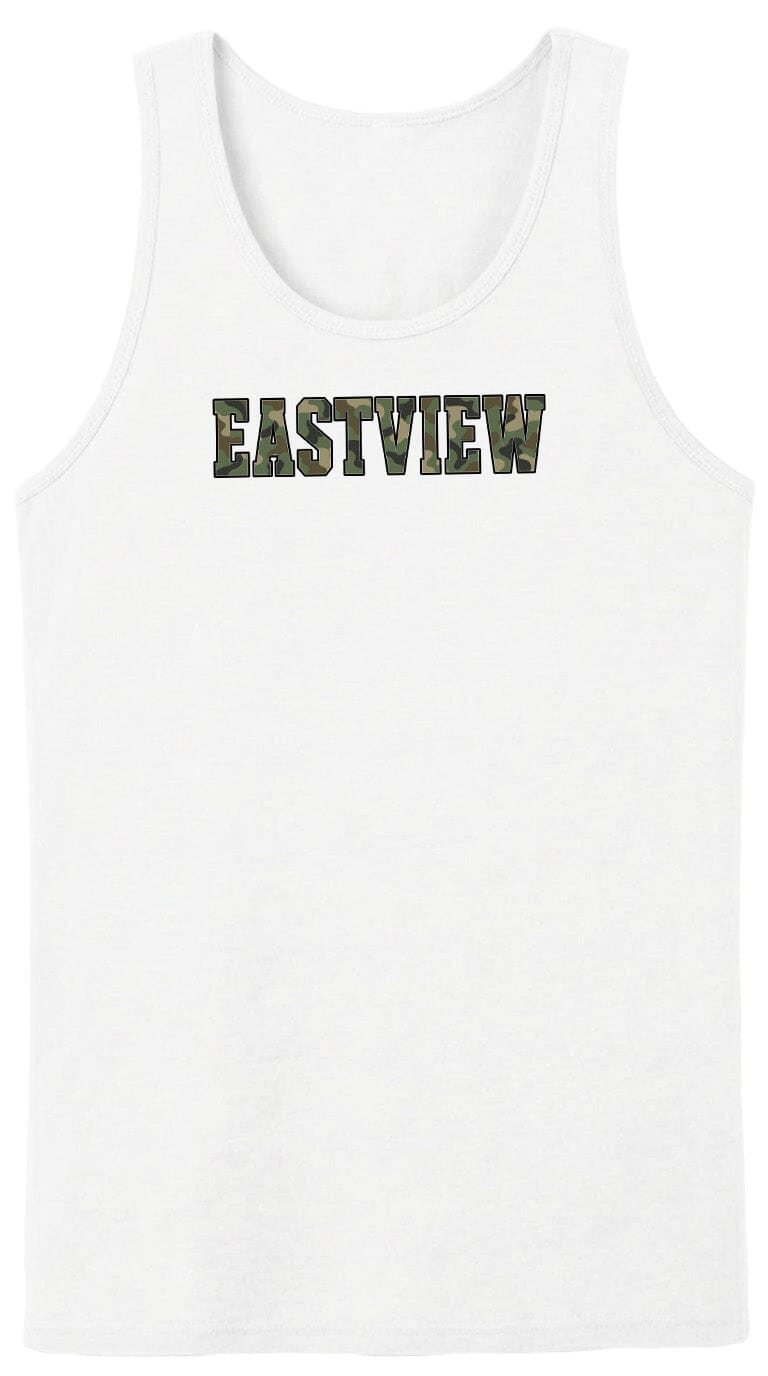 A white tank top with the word "EASTVIEW" printed on it in a camouflage pattern.