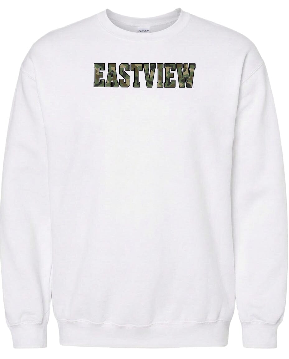 A white sweatshirt with the word "EASTVIEW" printed on it in a camouflage pattern.