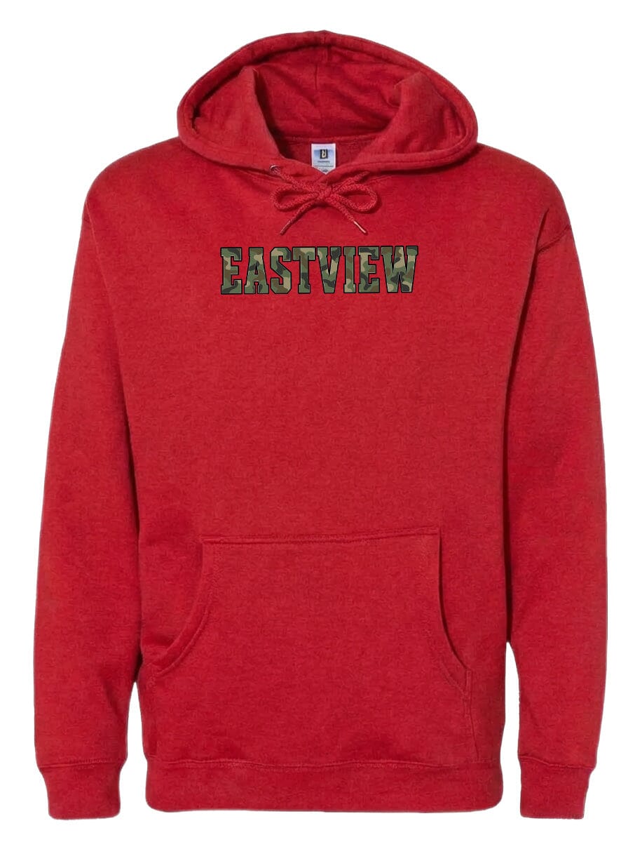 A red hooded sweatshirt with the word "EASTVIEW" printed on it in a camouflage pattern.