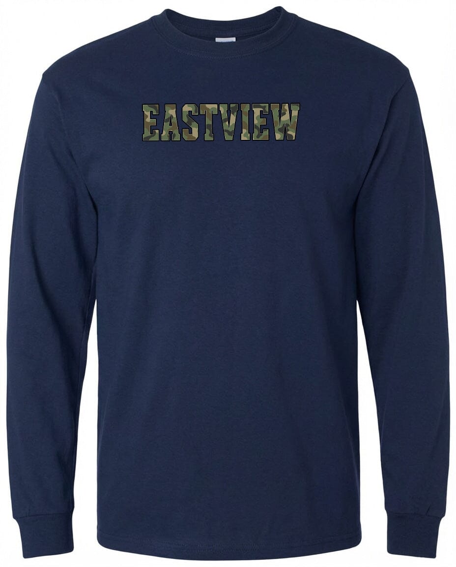 A navy blue long-sleeved shirt with the word "EASTVIEW" printed on it in a camouflage pattern.