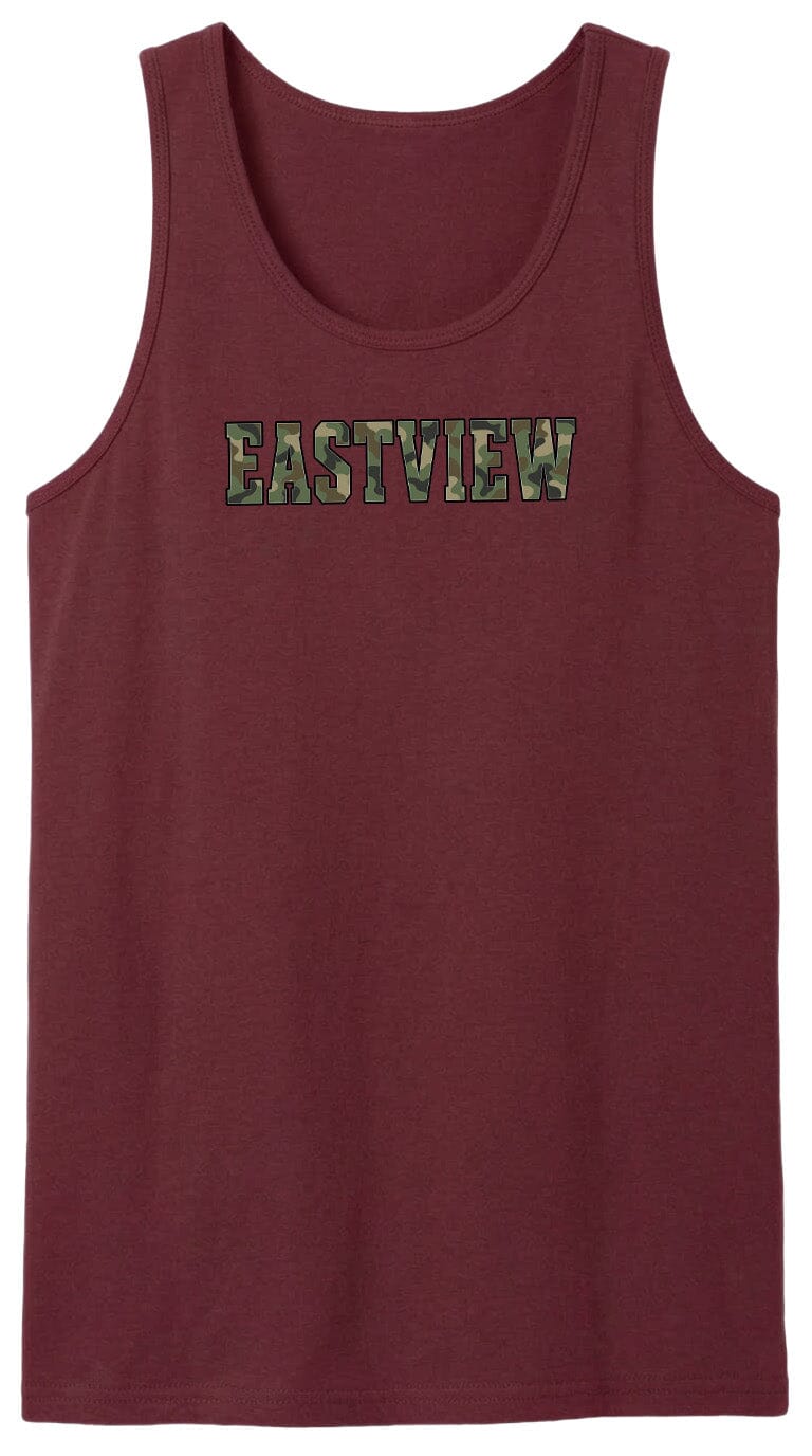 A maroon tank top with the word "EASTVIEW" printed on it in a camouflage pattern.