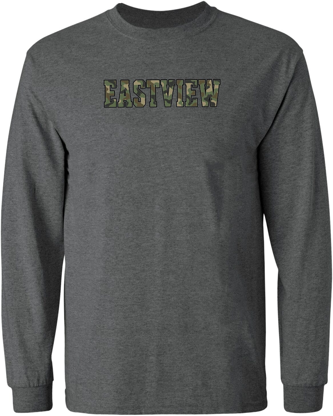 A gray long-sleeved t-shirt with the word "EASTVIEW" printed on it in a camouflage pattern.