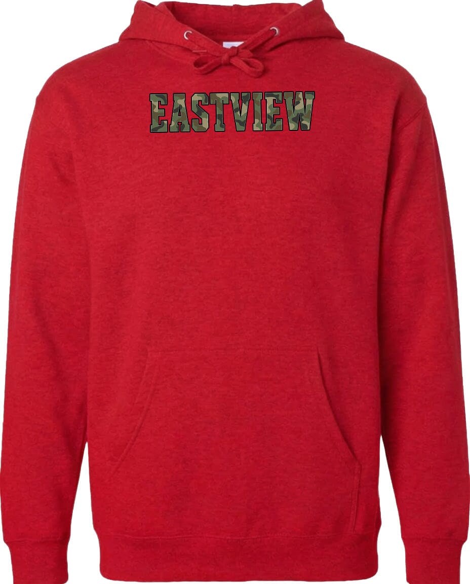 A red hoodie with the word "EASTVIEW" printed on it.