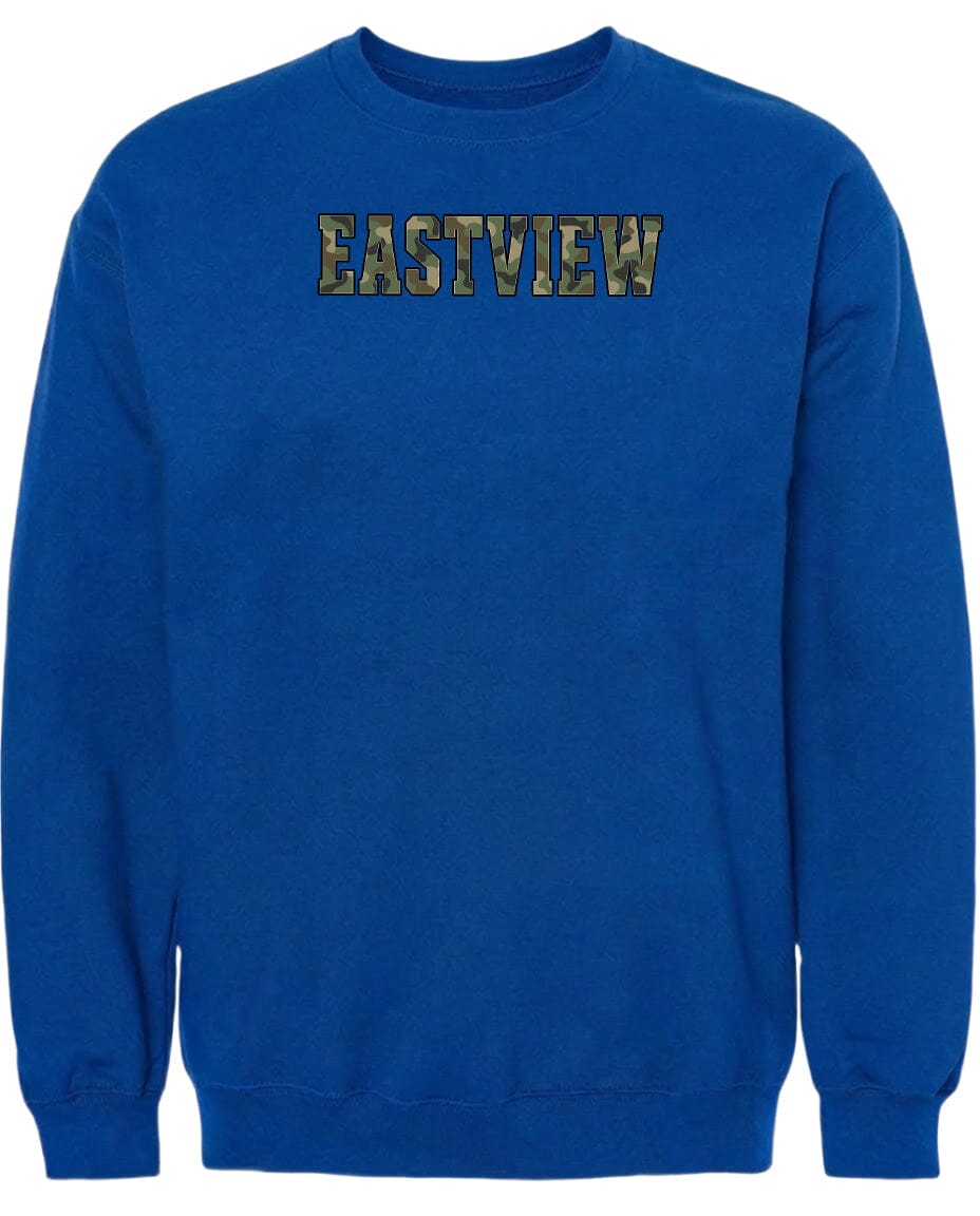 A blue sweatshirt with the word "EASTVIEW" printed on it.
