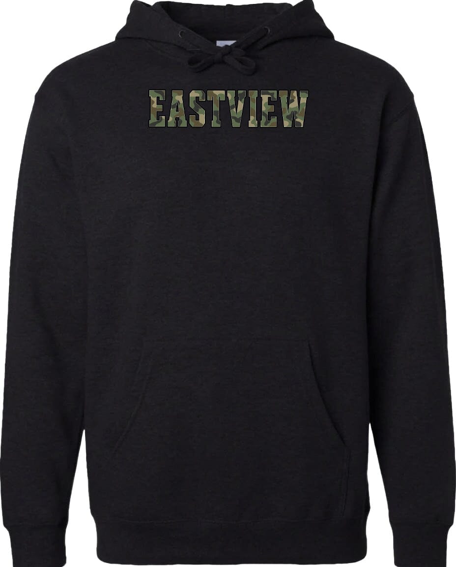 A black hoodie with the word "EASTVIEW" printed on it in a camouflage pattern.