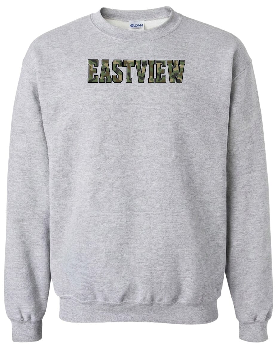 A grey sweatshirt with the word "EASTVIEW" printed on it in a camouflage pattern.