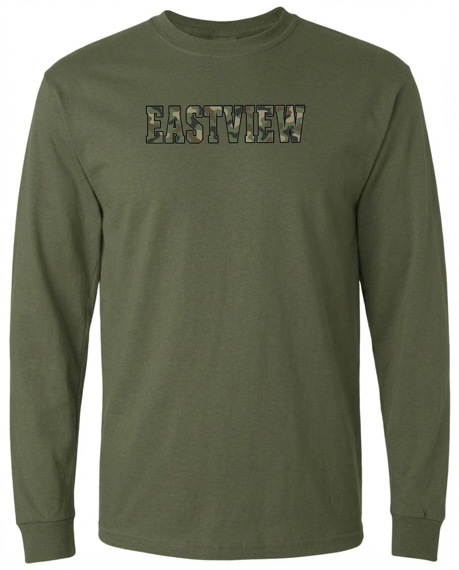 A long-sleeved olive green t-shirt with the word "EASTVIEW" printed on it in a camouflage pattern.