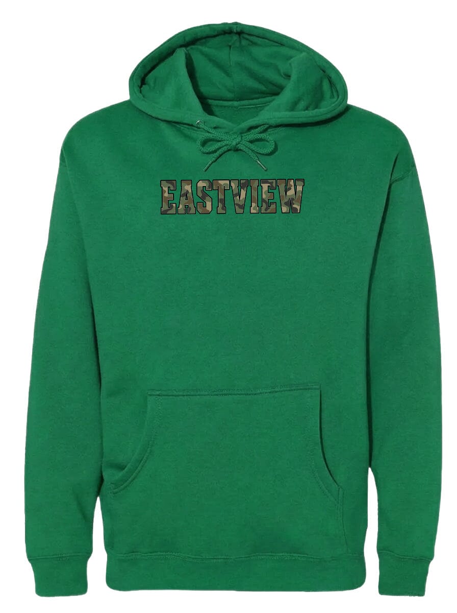 A green hoodie with the word "EASTVIEW" printed on it.