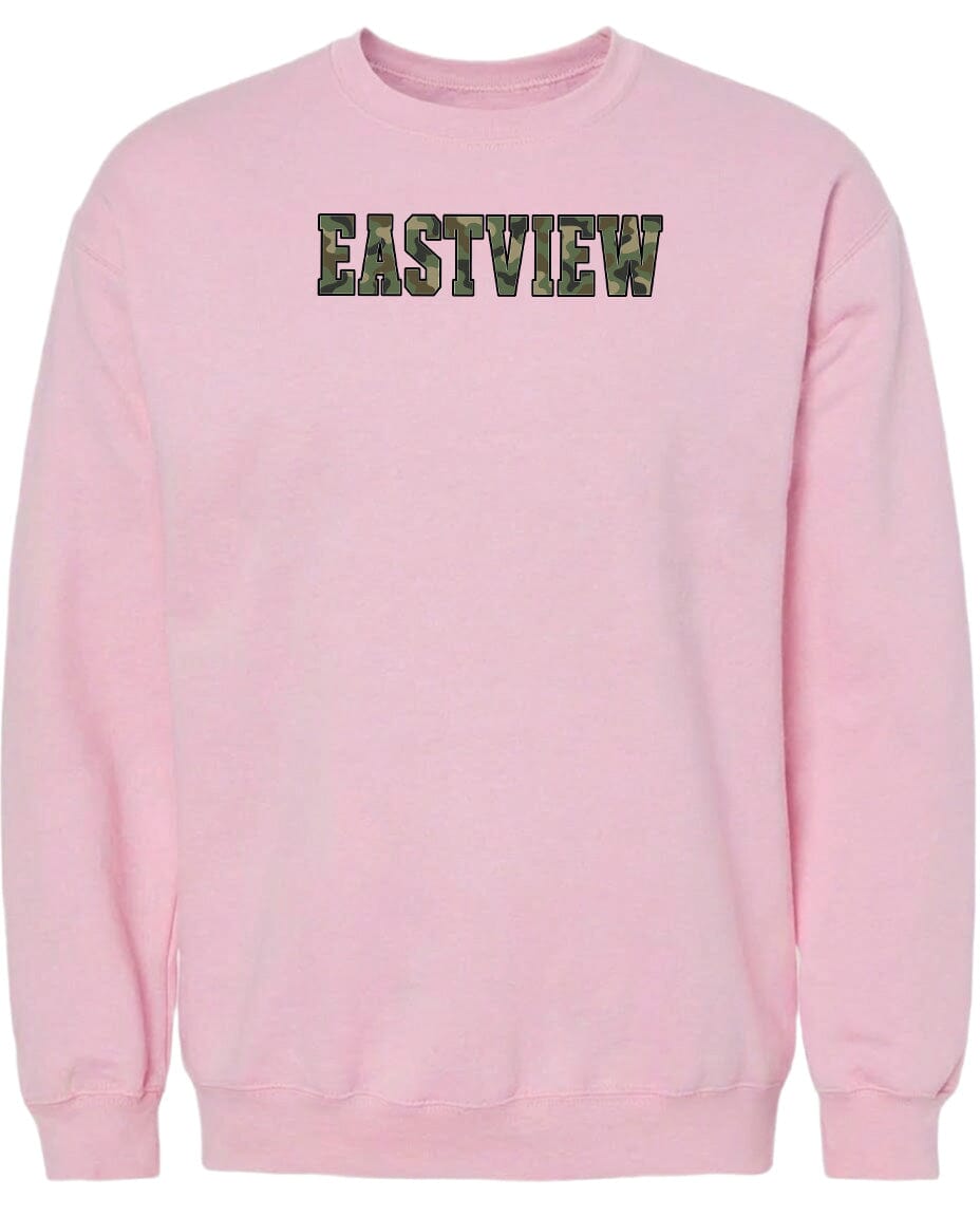 A pink sweatshirt with the word "EASTVIEW" printed on it in a camouflage pattern.