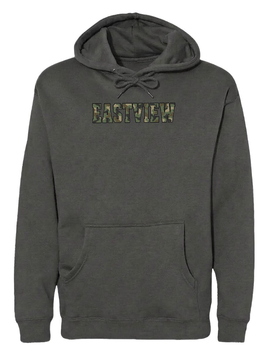 A gray hooded sweatshirt with the word "EASTVIEW" printed on it in a camouflage pattern.
