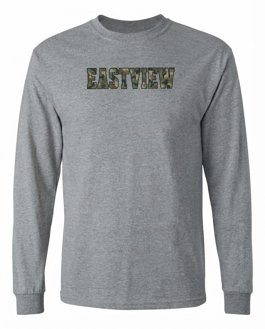 A gray long-sleeved t-shirt with the word "EASTVIEW" printed on it in a camouflage pattern.