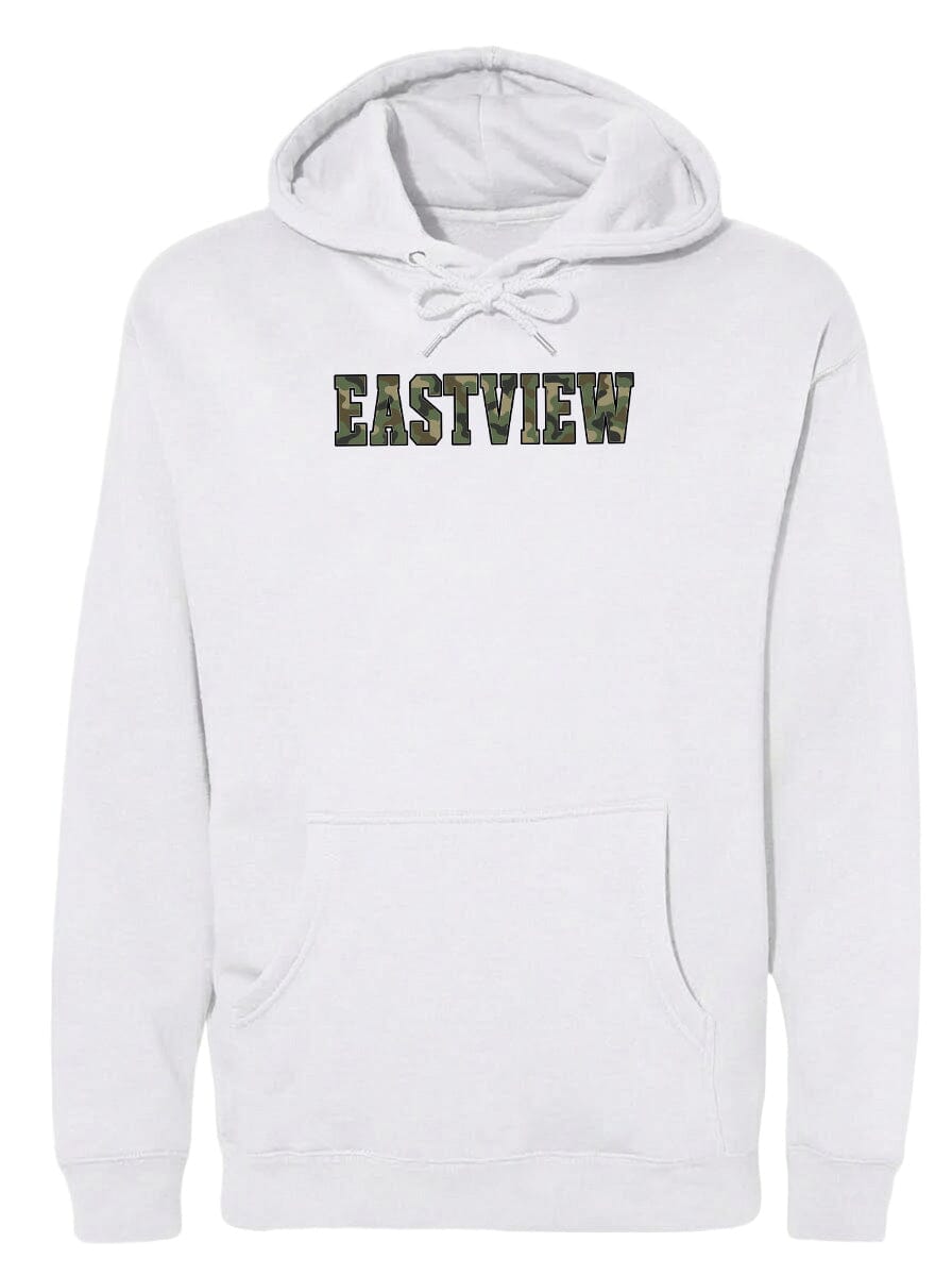 A white hoodie with the word "EASTVIEW" printed on it.