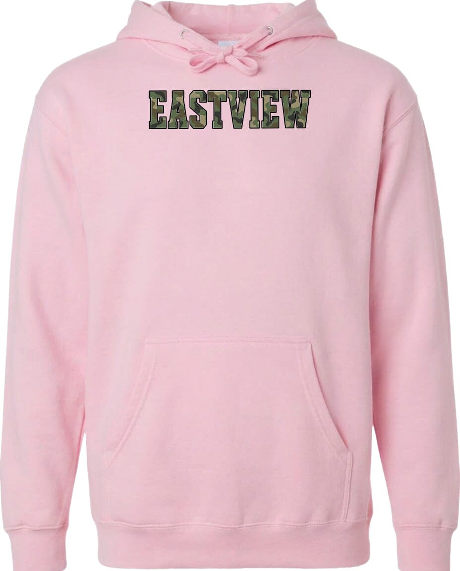 A pink hoodie with the word "EASTVIEW" printed on it.