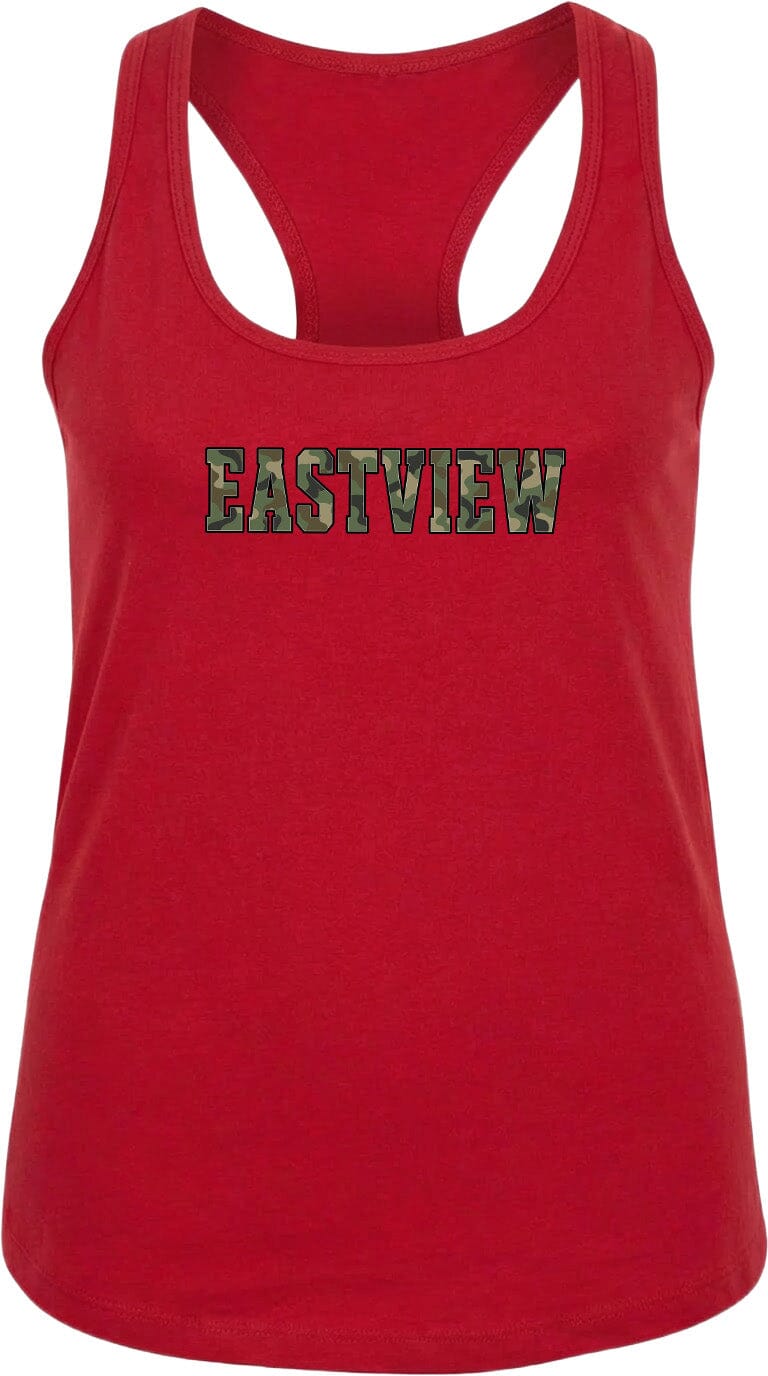 A red tank top with the word "EASTVIEW" printed on it.