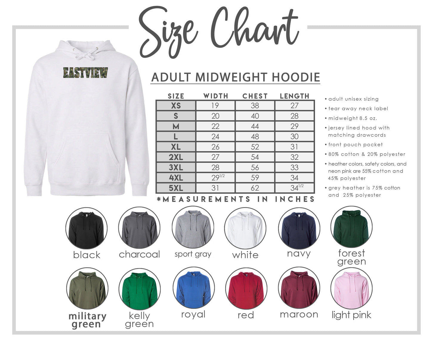 The image is a size chart for an adult midweight hoodie, including various color options and corresponding measurements in inches.