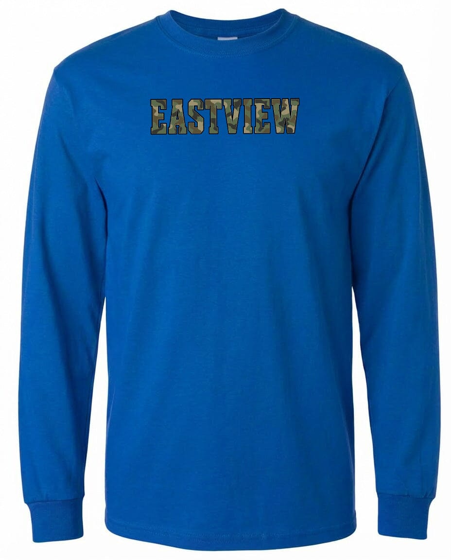 A blue long-sleeved t-shirt with the word "EASTVIEW" printed on it in a stylized font.