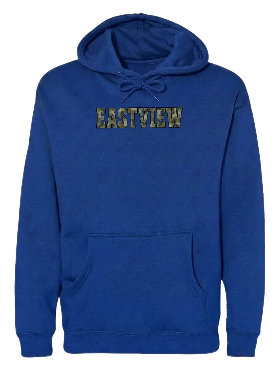 A blue hoodie with the word "EASTVIEW" printed on it.